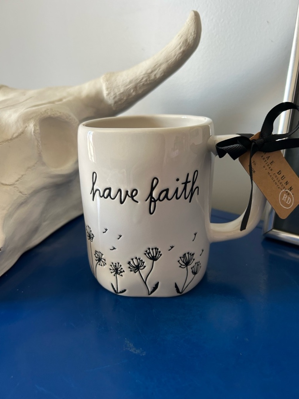 Rae Dunn Black and White Blowing Dandelion Have Faith Mug